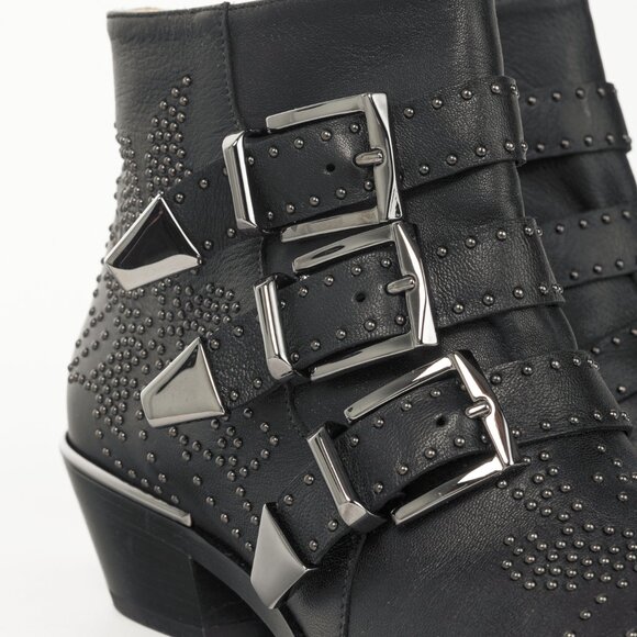 Chloe Susanna Black Studded Buckle Biker Ankle Boots - Picture 8 of 12